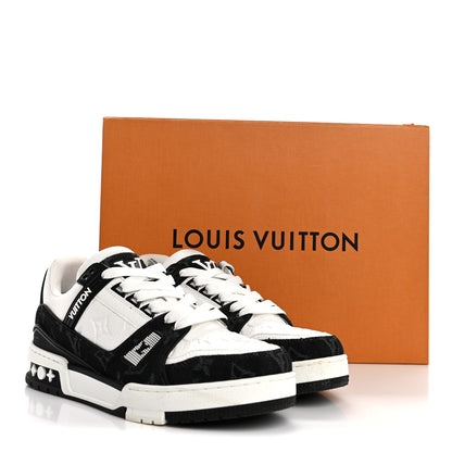 Louis Vuitton Calfskin Embossed Monogram Denim Womens LV Trainer Sneakers 38.5 Black 10 of 10