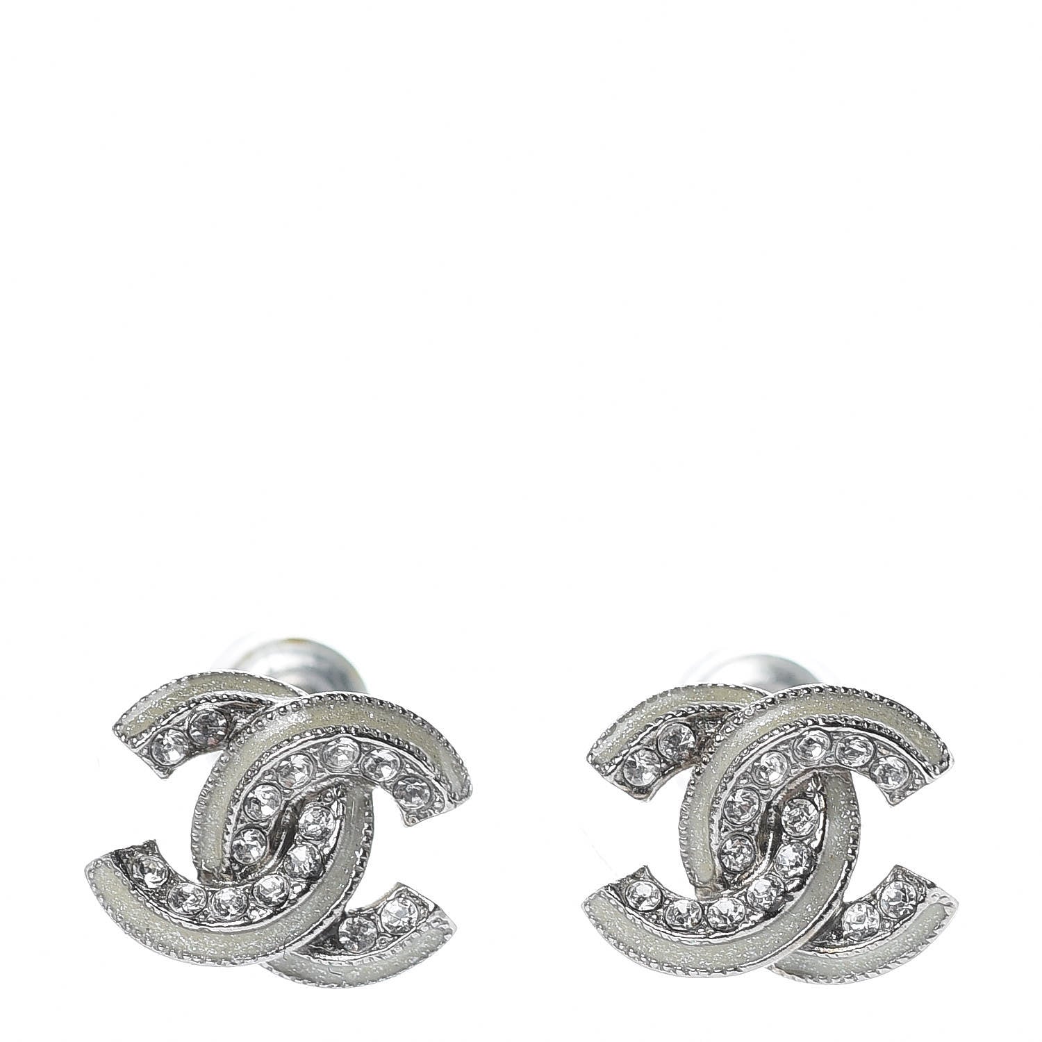 Chanel Enamel Crystal CC Earrings Silver 1 of 5