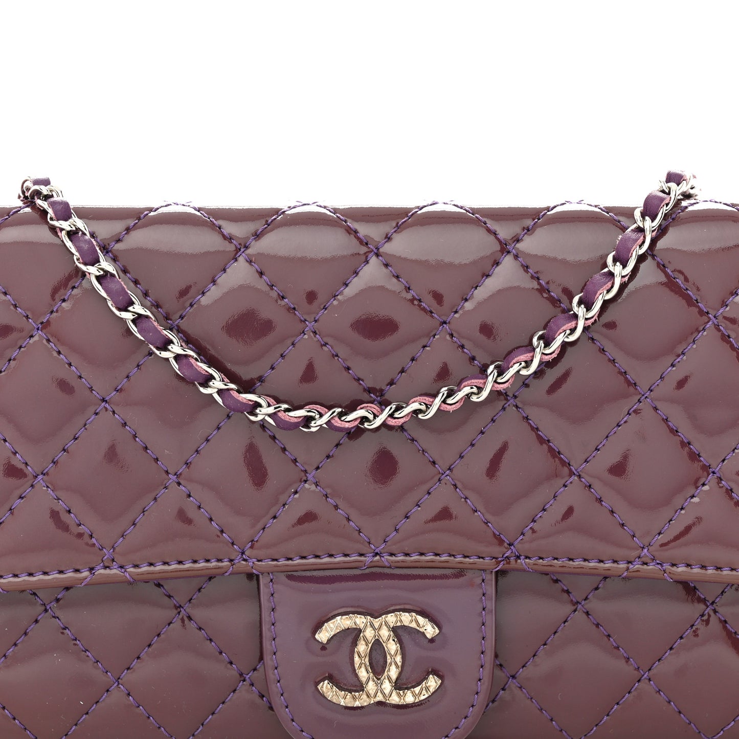Patent Calfskin Quilted Brilliant East West Flap Clutch Purple