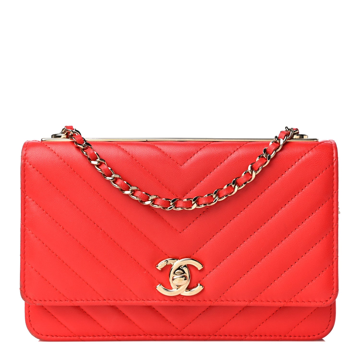 Chanel Lambskin Chevron Quilted Trendy CC Wallet On Chain WOC Red 1 of 22