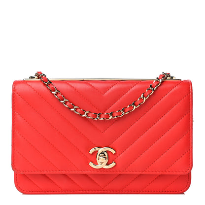 Chanel Lambskin Chevron Quilted Trendy CC Wallet On Chain WOC Red 1 of 22