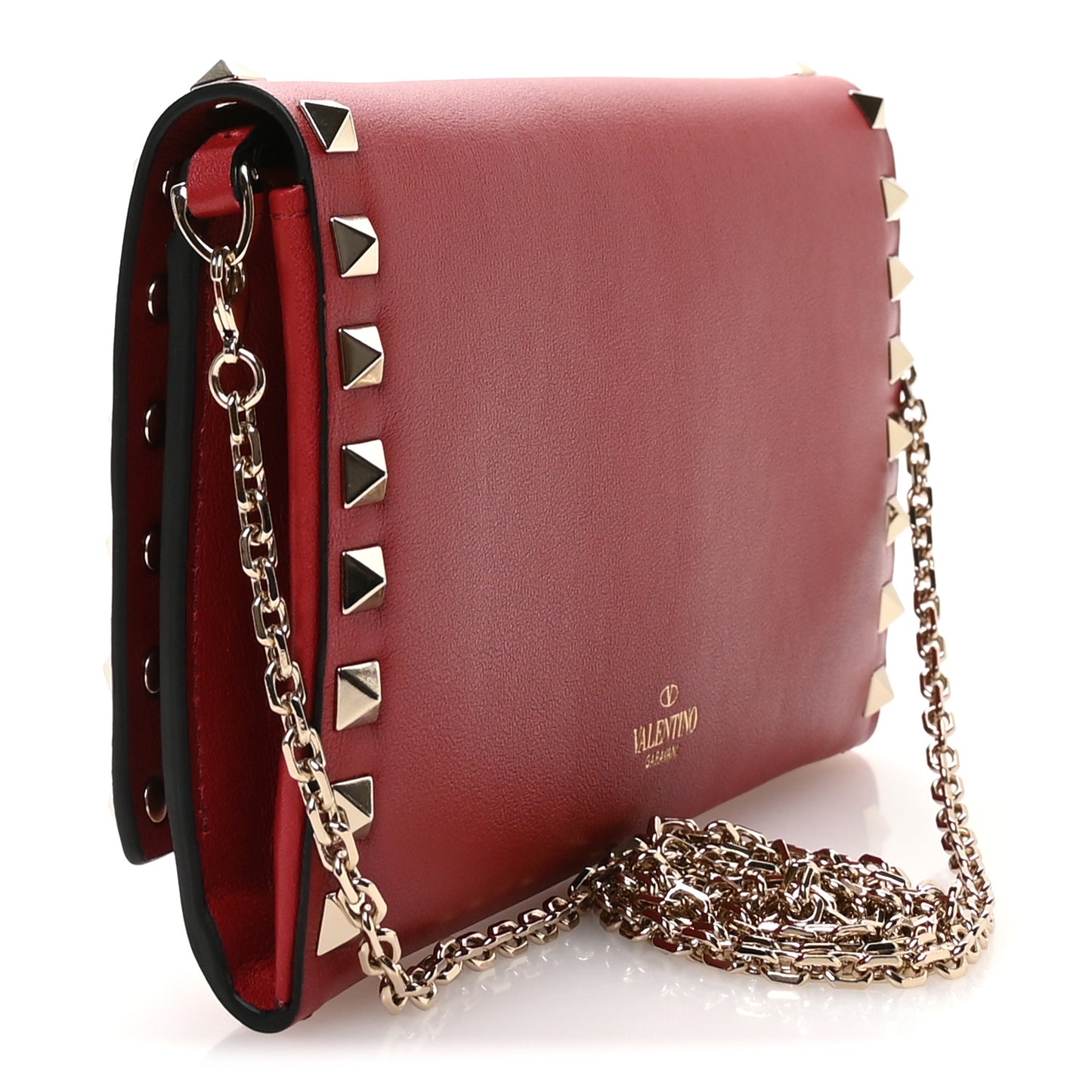 Vitello Small Rockstud Flap Wallet on Chain Red