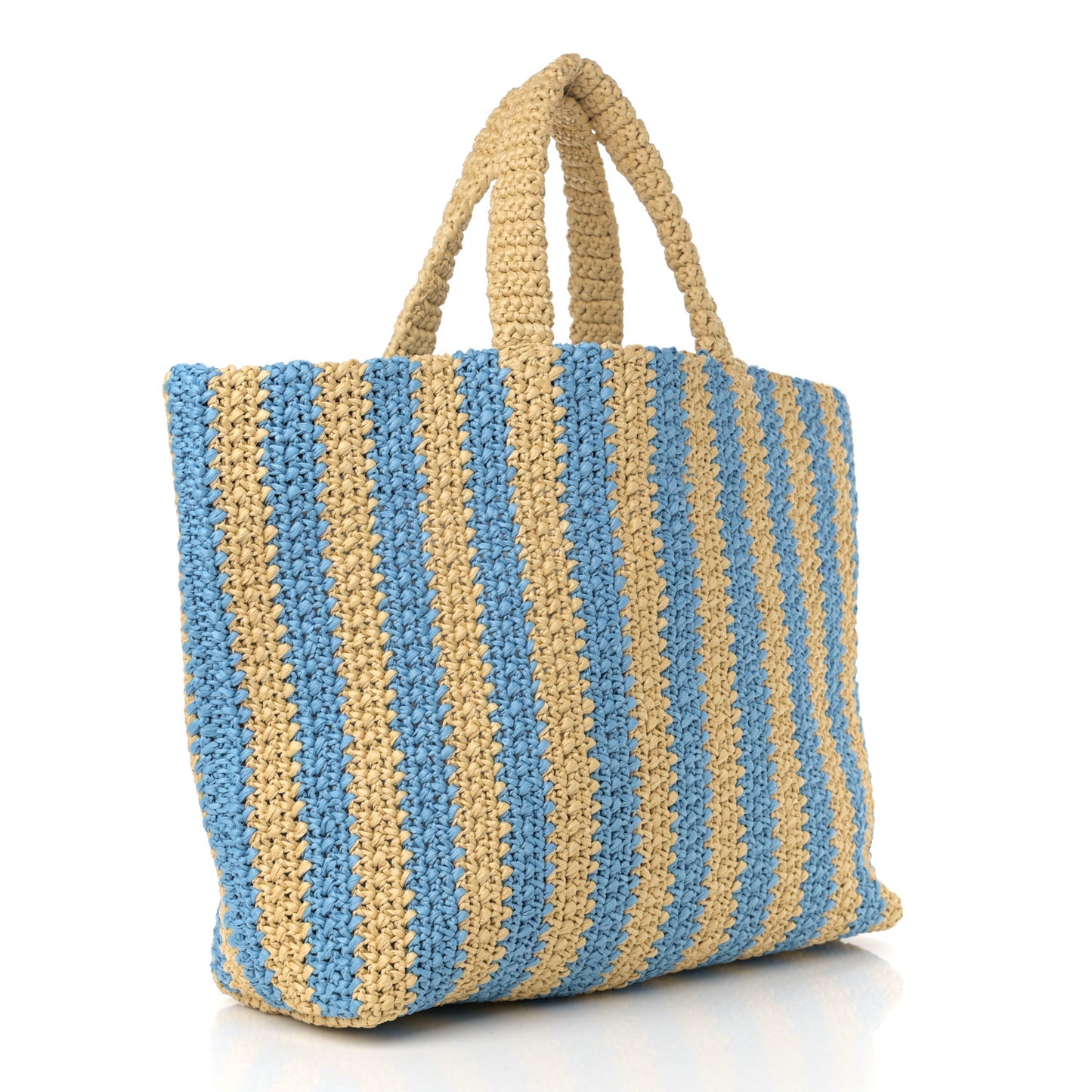 Yarn Raffia Effect Crochet Striped Large Logo Tote Naturale Celeste
