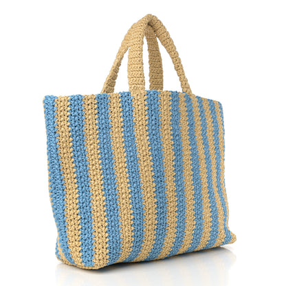 Prada Yarn Raffia Effect Crochet Striped Large Logo Tote Naturale Celeste 3 of 9