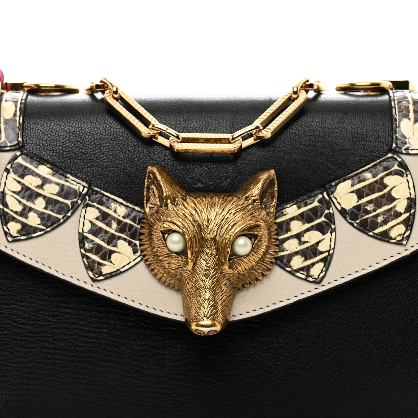 Goatskin Snakeskin Fox Broche Shoulder Bag Black