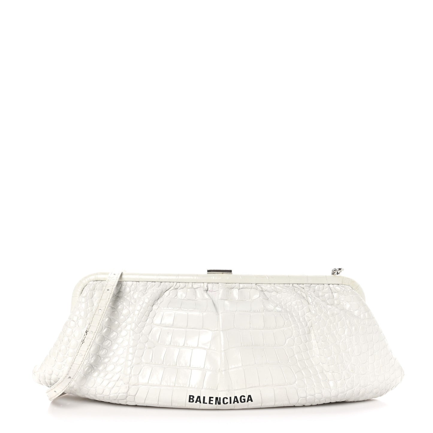 Shiny Supple Calfskin Logo Crocodile Embossed XL Cloud Clutch White