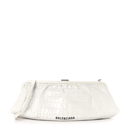 Balenciaga Shiny Supple Calfskin Logo Crocodile Embossed XL Cloud Clutch White 1 of 11
