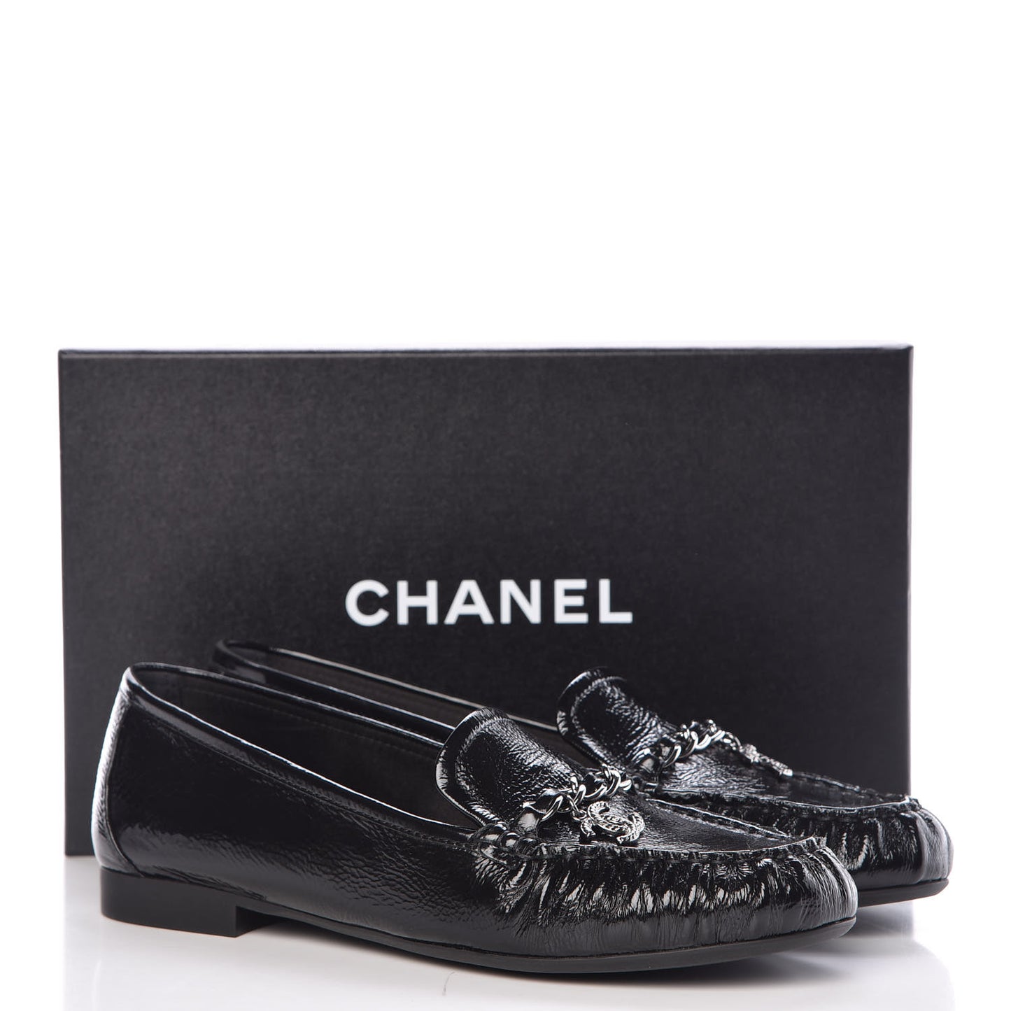 Crackled Patent Calfskin CC Mocassin Loafers 40 Black