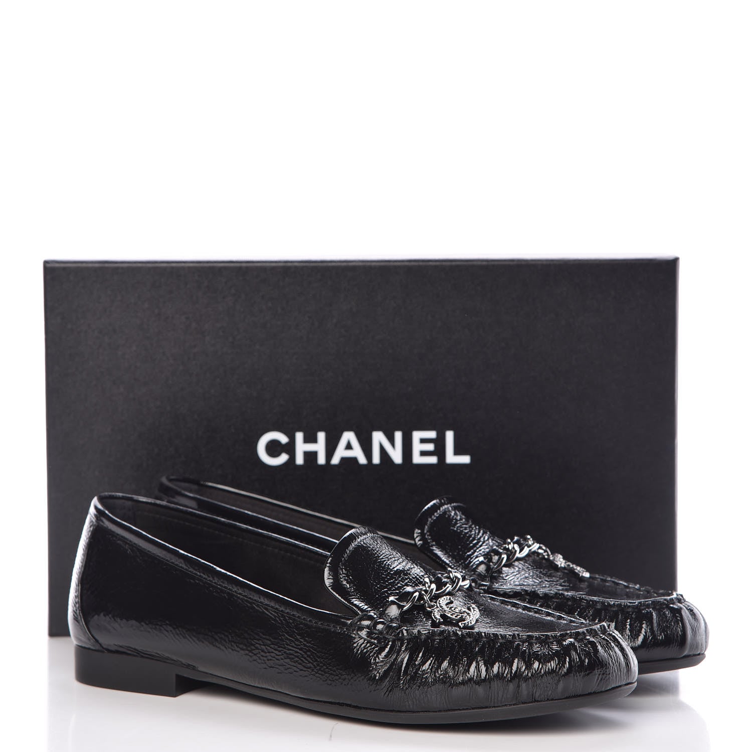 Chanel Crackled Patent Calfskin CC Mocassin Loafers 40 Black 9 of 9