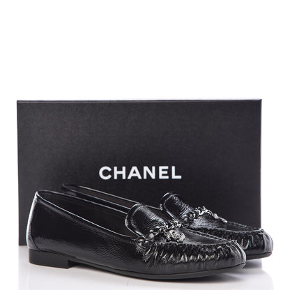 Chanel Crackled Patent Calfskin CC Mocassin Loafers 40 Black 9 of 9