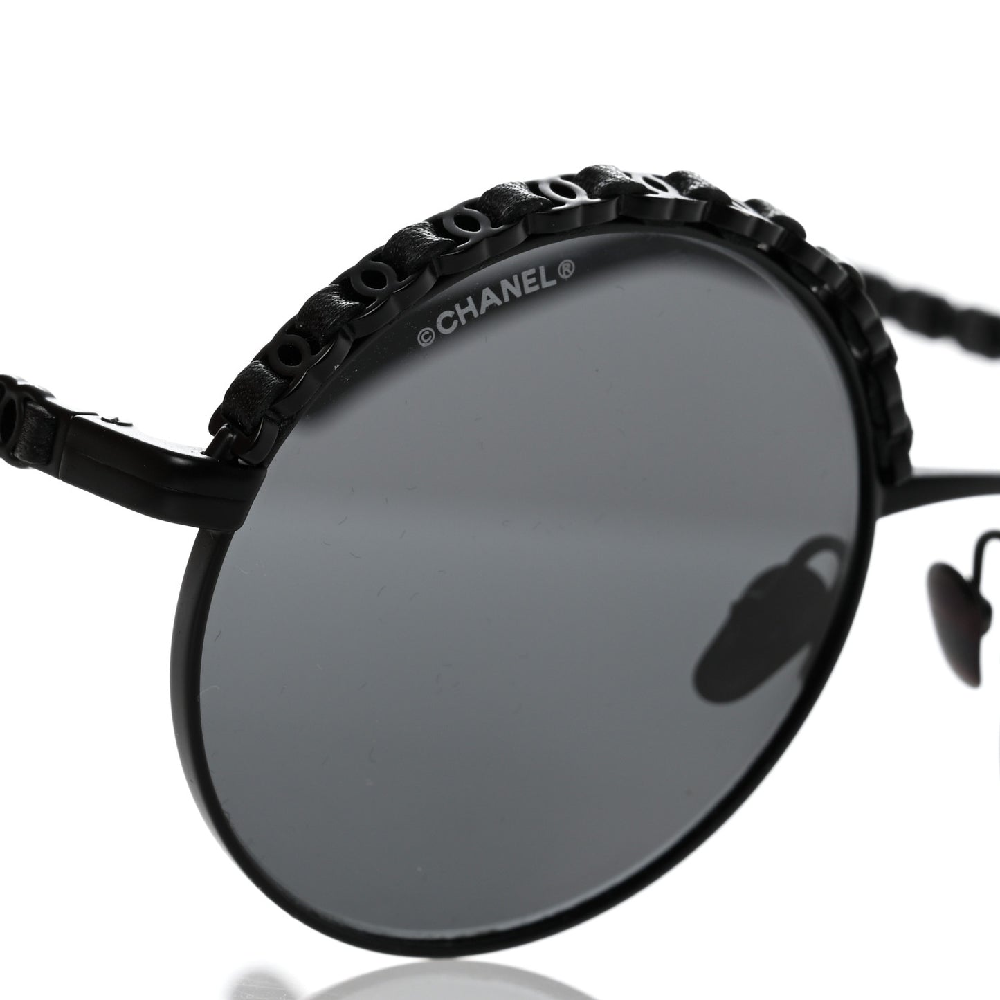 Metal Calfskin Round Chain Sunglasses 4265-Q Black