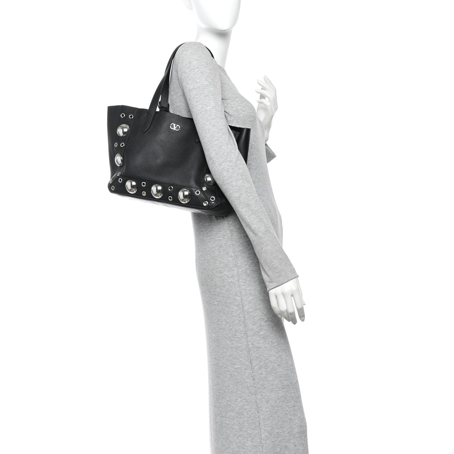 Grainy Calfskin Studded Small Nellcote Shopping Tote Black