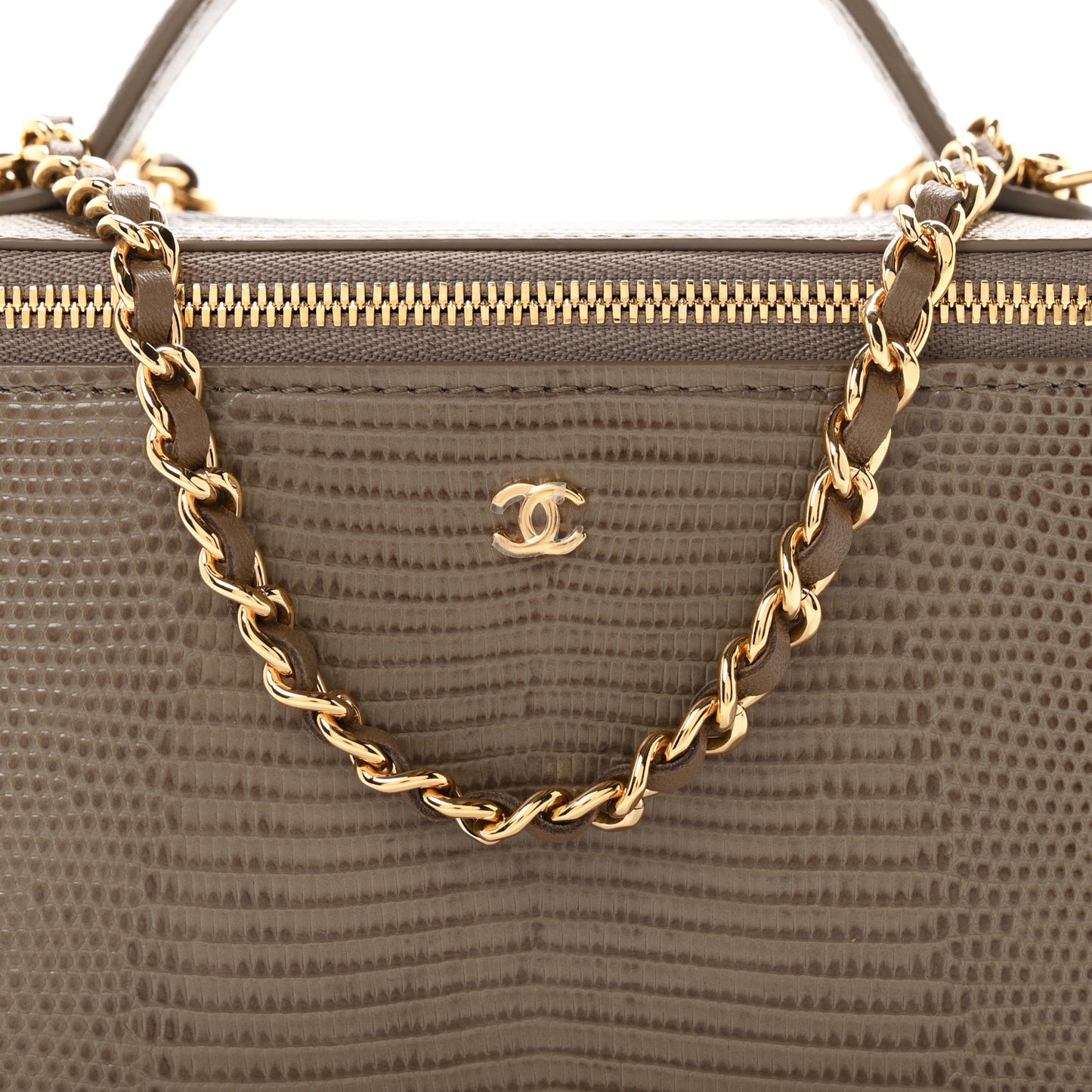 Calfskin Lizard Embossed Top Handle Vanity With Chain Dark Khaki