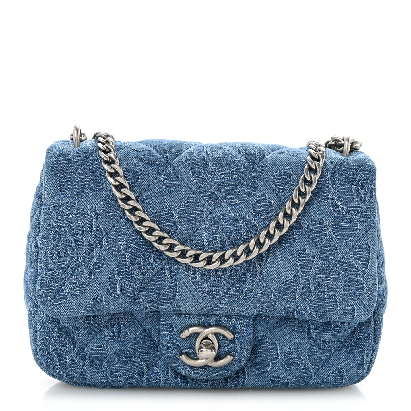 Denim Quilted Camellia Sweetheart Mini Flap Blue
