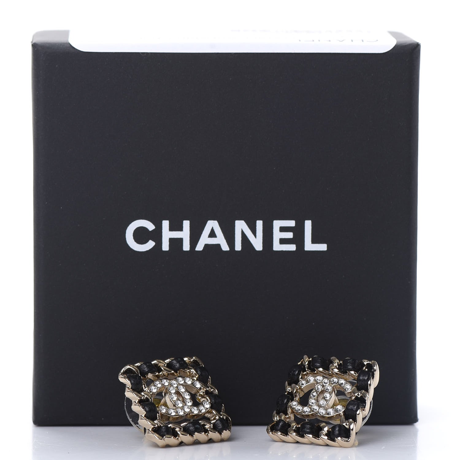 Chanel Crystal Lambskin Chain Sergeant Stud Earrings Black Gold 5 of 5
