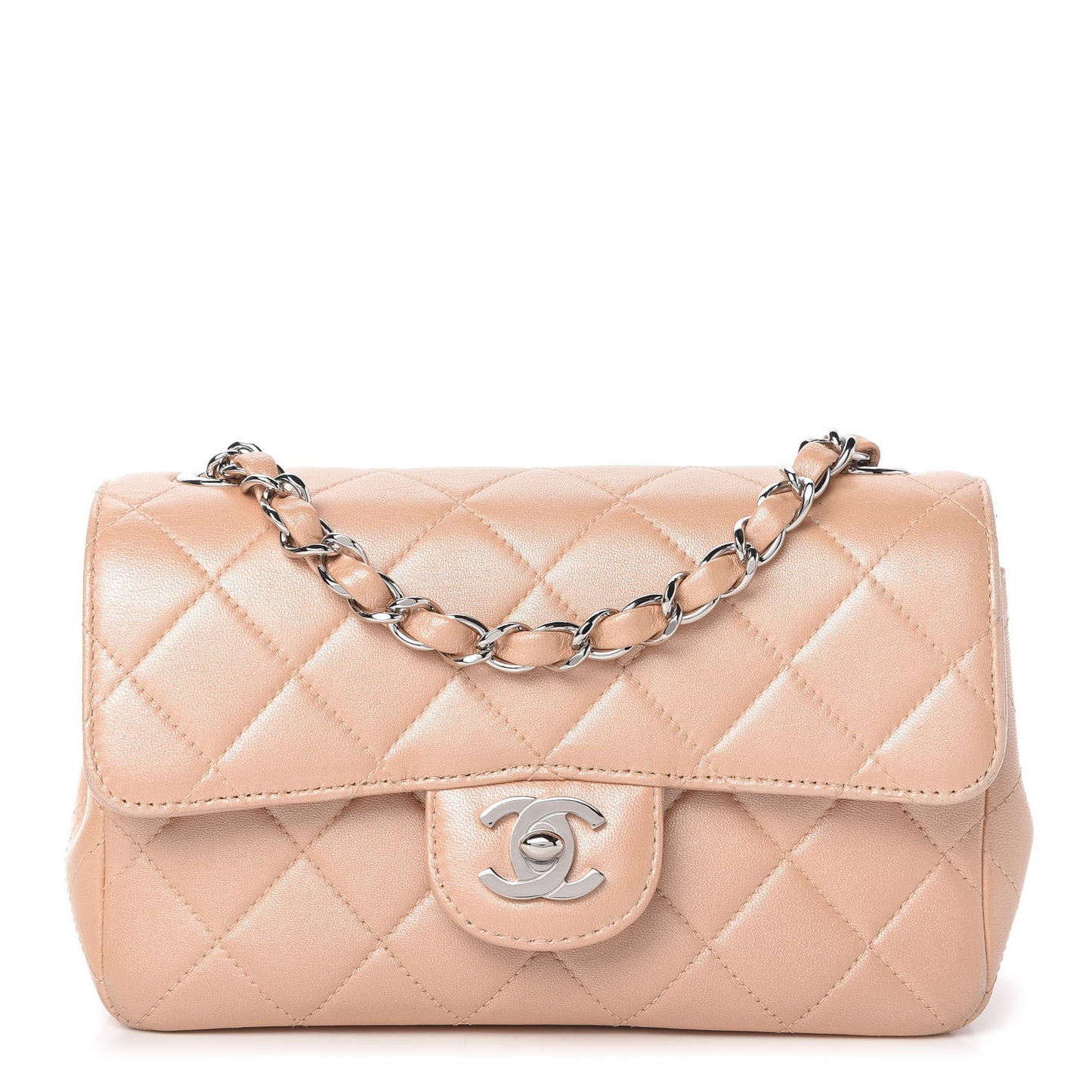 Metallic Lambskin Quilted Mini Flap Beige