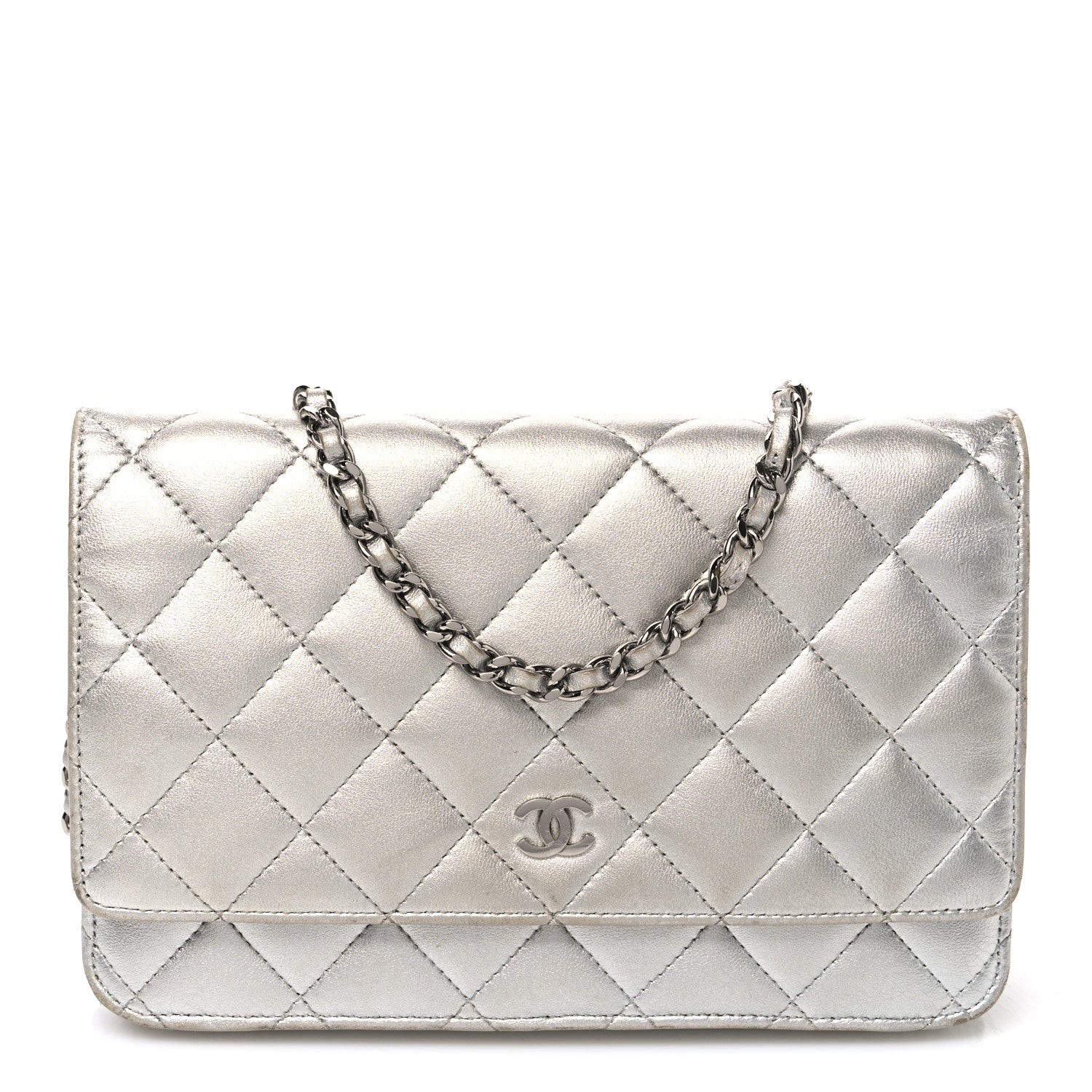 Chanel Metallic Lambskin Quilted Wallet On Chain WOC Silver 1 of 12