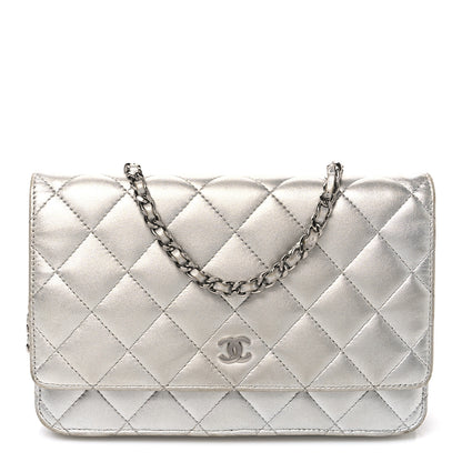 Chanel Metallic Lambskin Quilted Wallet On Chain WOC Silver 1 of 12