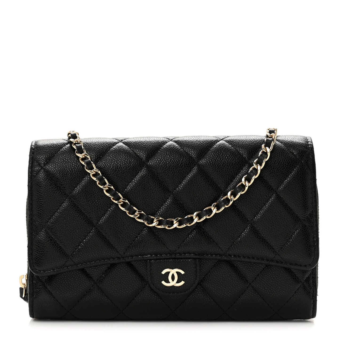 Caviar Quilted Phone Holder Wallet on Removable Chain Black