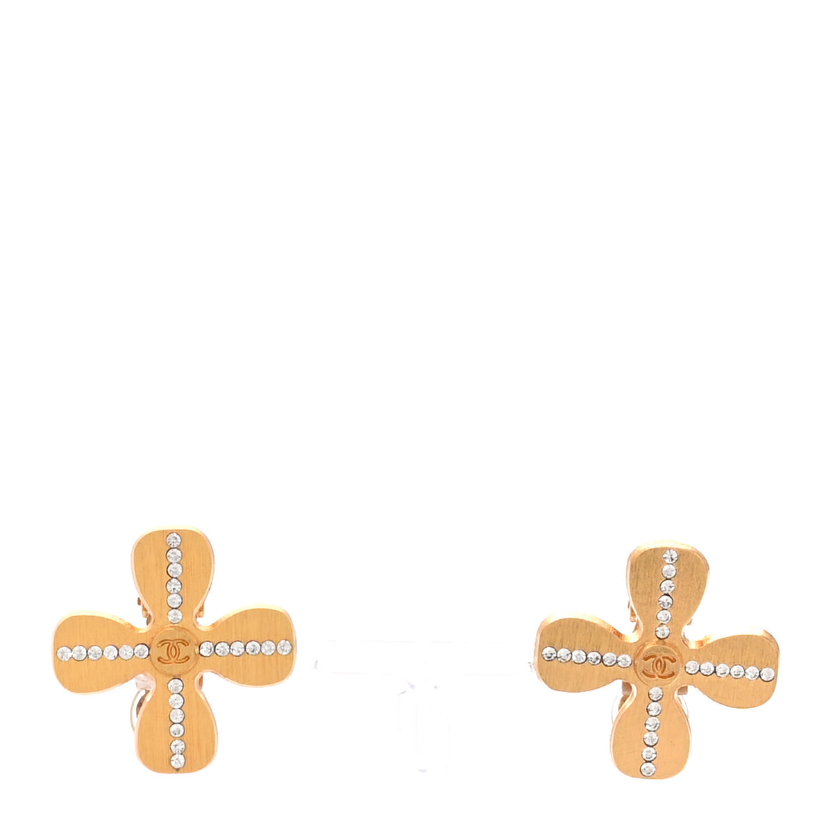 Chanel Metal Crystal Clover Clip On Earrings Gold 1 of 5