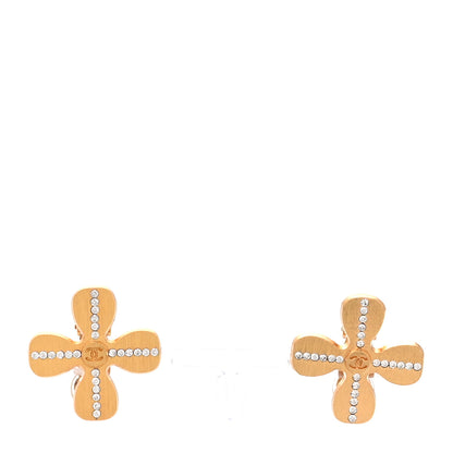 Chanel Metal Crystal Clover Clip On Earrings Gold 1 of 5