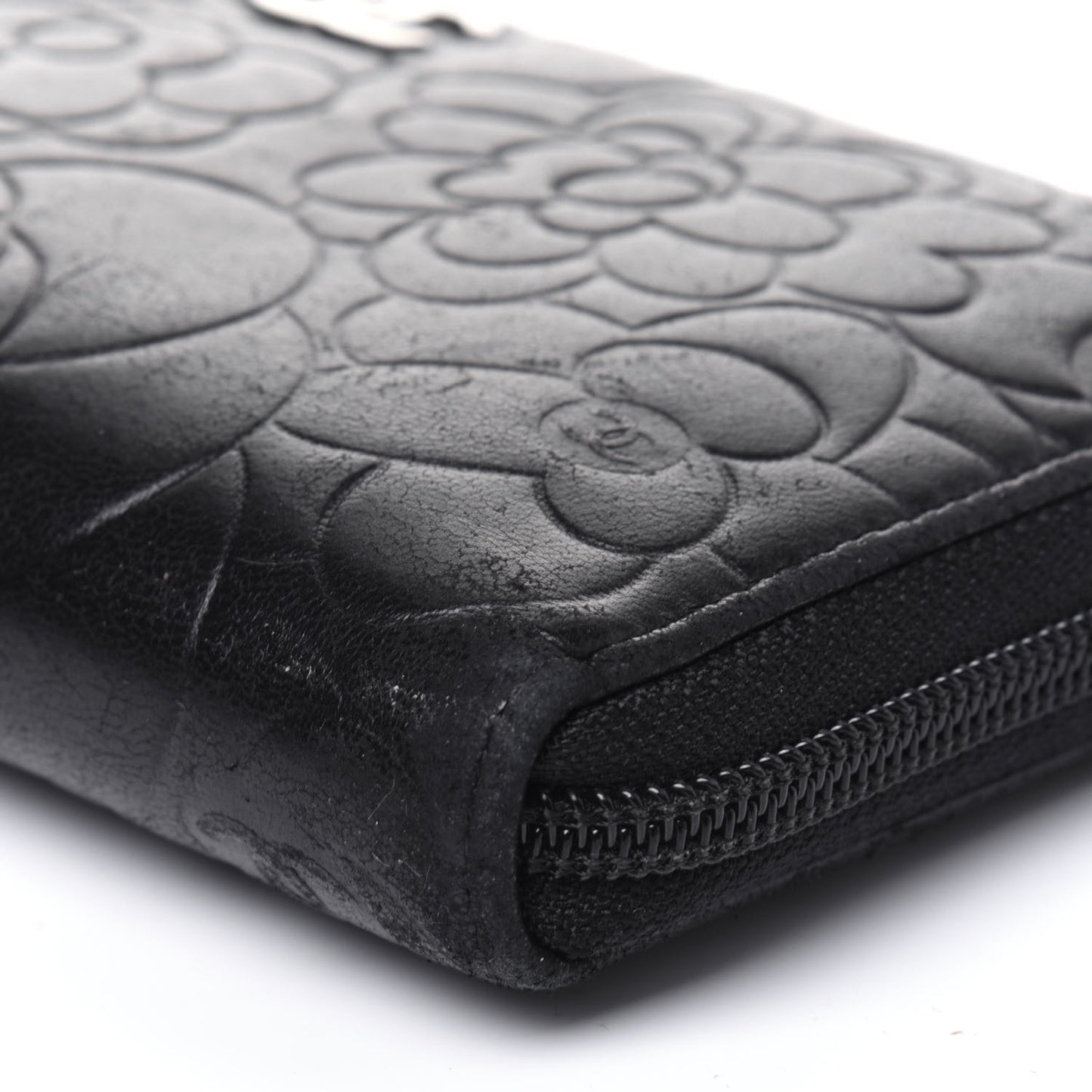 Lambskin Camellia Embossed Large Zip Around Gusset Wallet Black