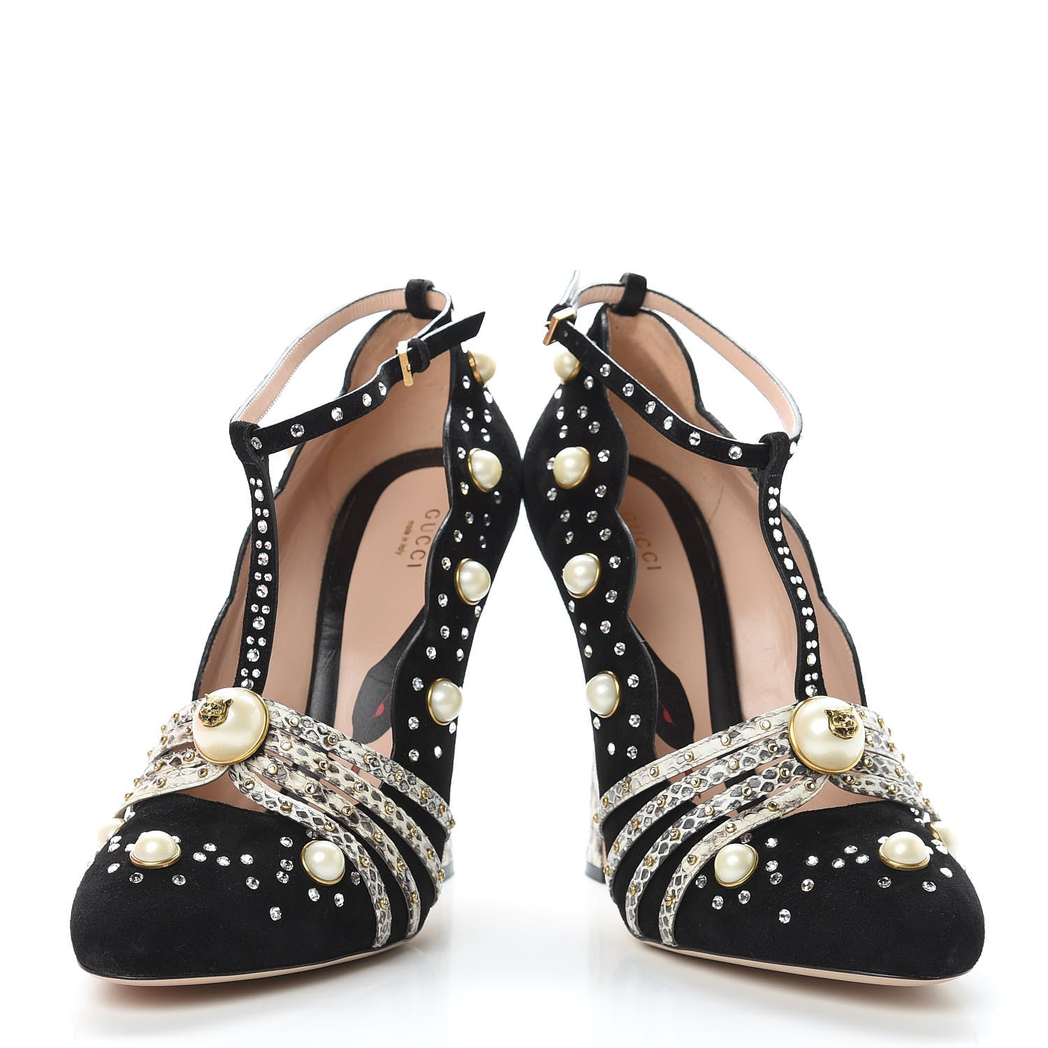 Gucci Suede Snakeskin Pearl Studded Ofelia Pumps 41.5 Black 6 of 12