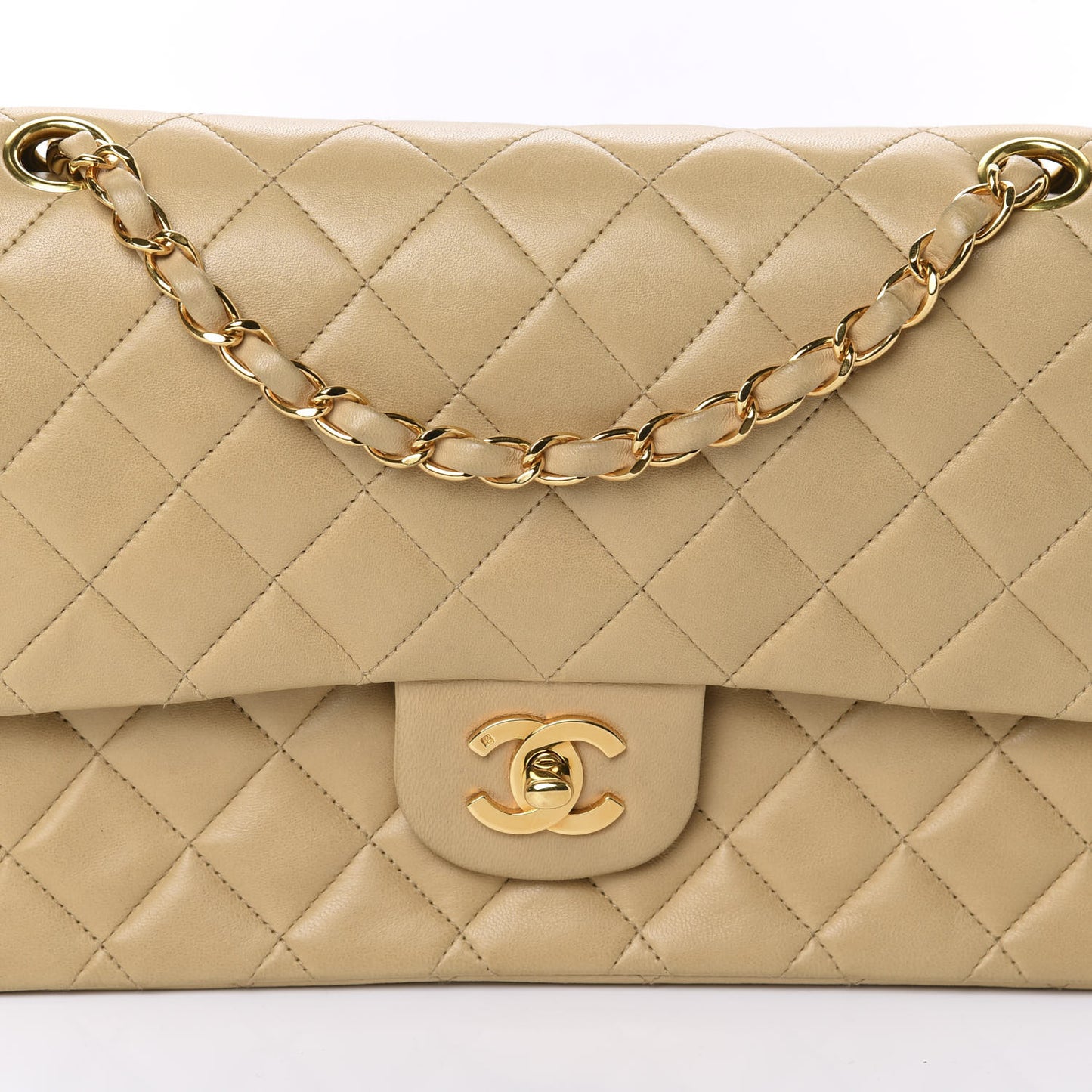Lambskin Quilted Medium Double Flap Beige