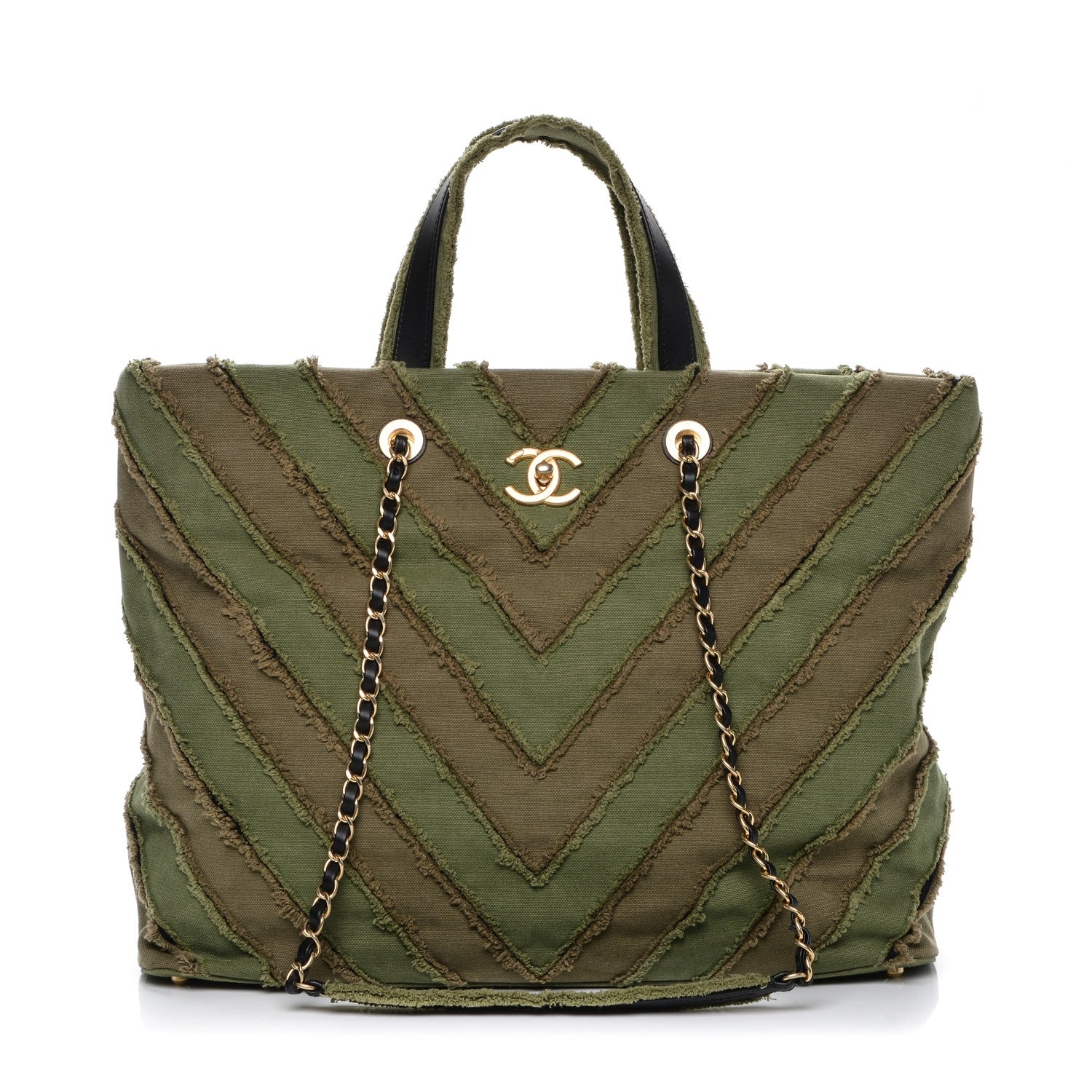 Chanel Canvas Chevron Cuba Patchwork Shopper Tote Khaki 1 of 8