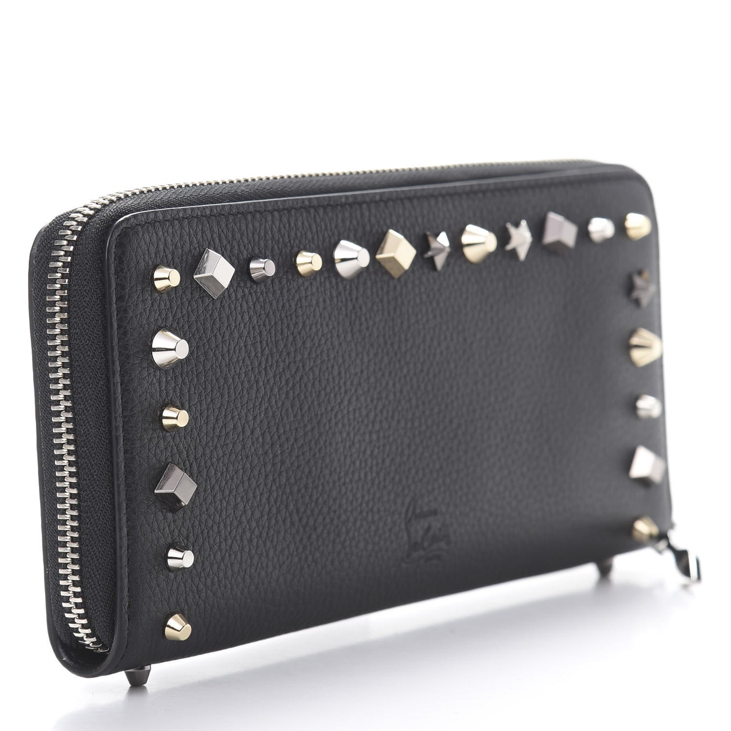 Grained Calfskin Star Studded Zip Around Wallet Black