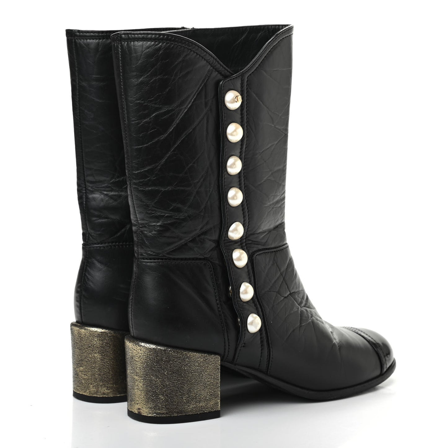 Calfskin Patent Pearl Cap Toe Boots 37 Black
