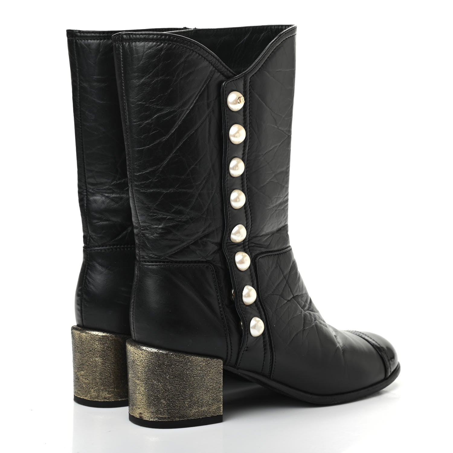 Chanel Calfskin Patent Pearl Cap Toe Boots 37 Black 4 of 10