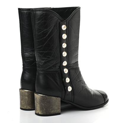 Chanel Calfskin Patent Pearl Cap Toe Boots 37 Black 4 of 10