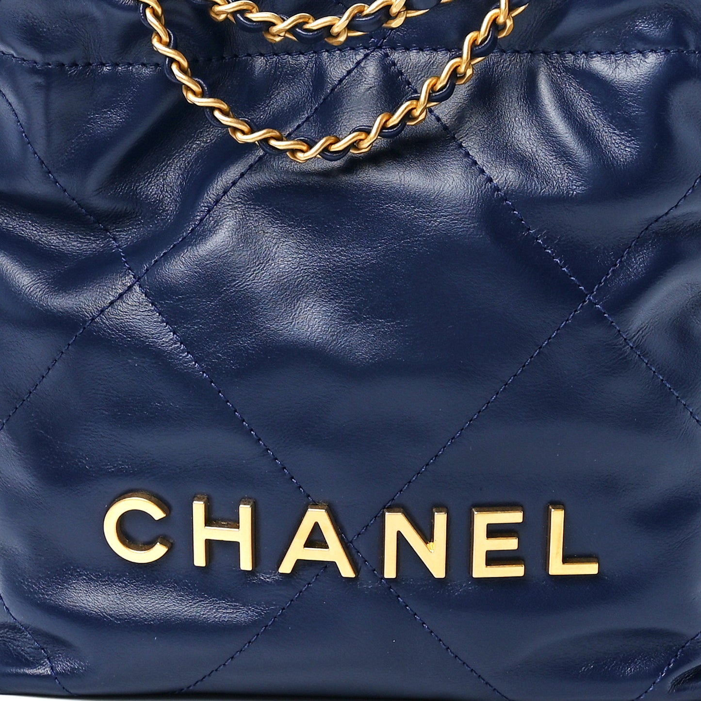 Shiny Calfskin Quilted Mini Chanel 22 Navy Blue