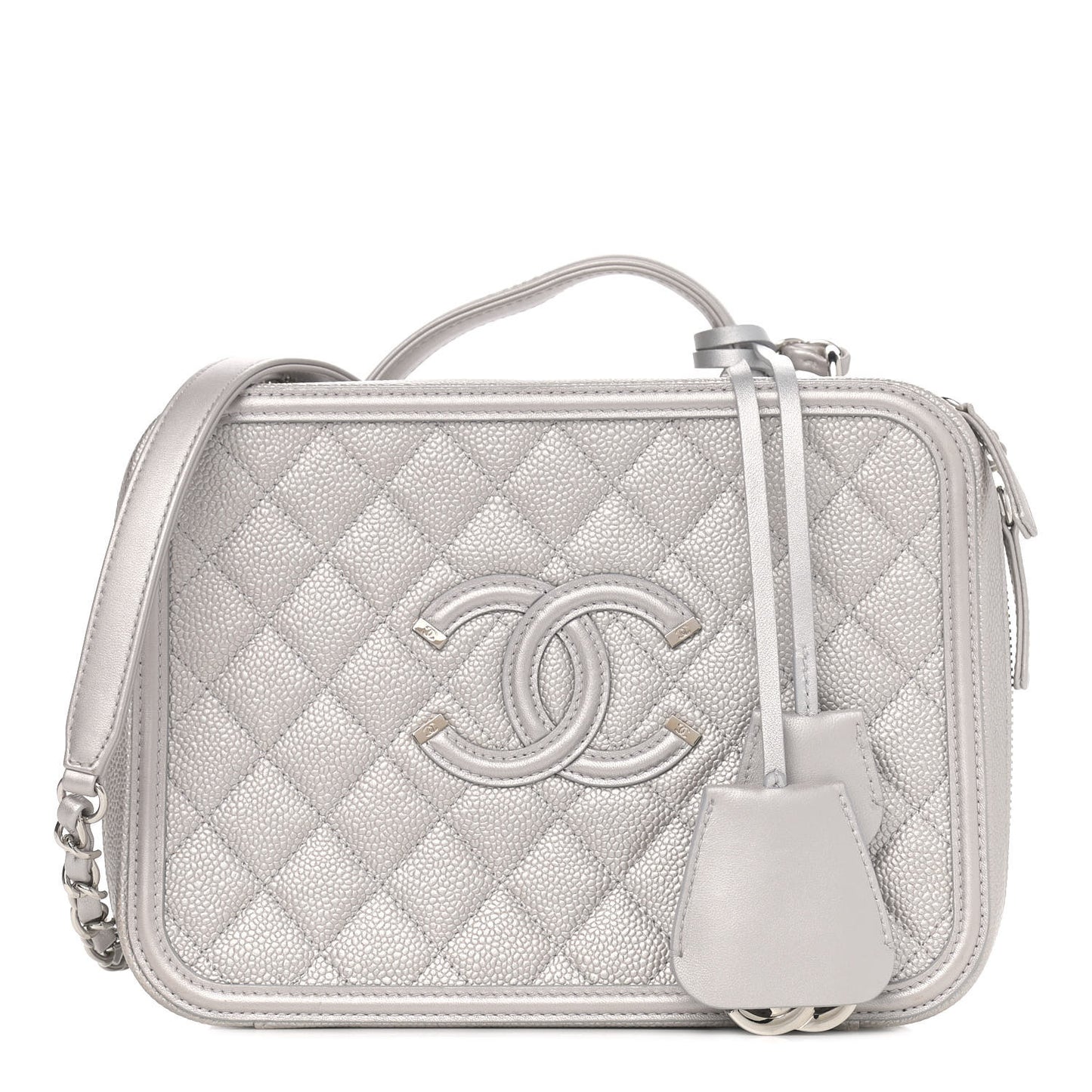 Metallic Caviar Quilted Large CC Filigree Vanity Case Silver