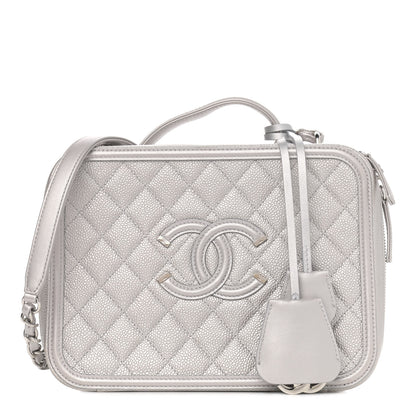 Chanel Metallic Caviar Quilted Large CC Filigree Vanity Case Silver 2 of 23