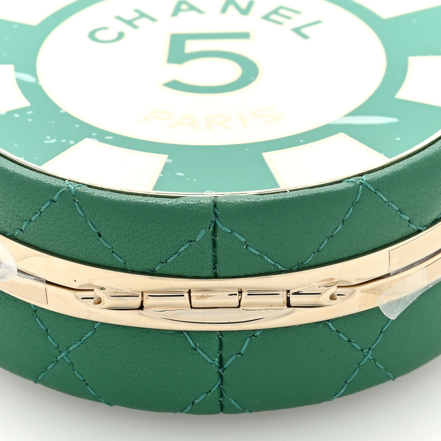 Lambskin Enamel Quilted Round Poker Chip Clutch With Chain Green White