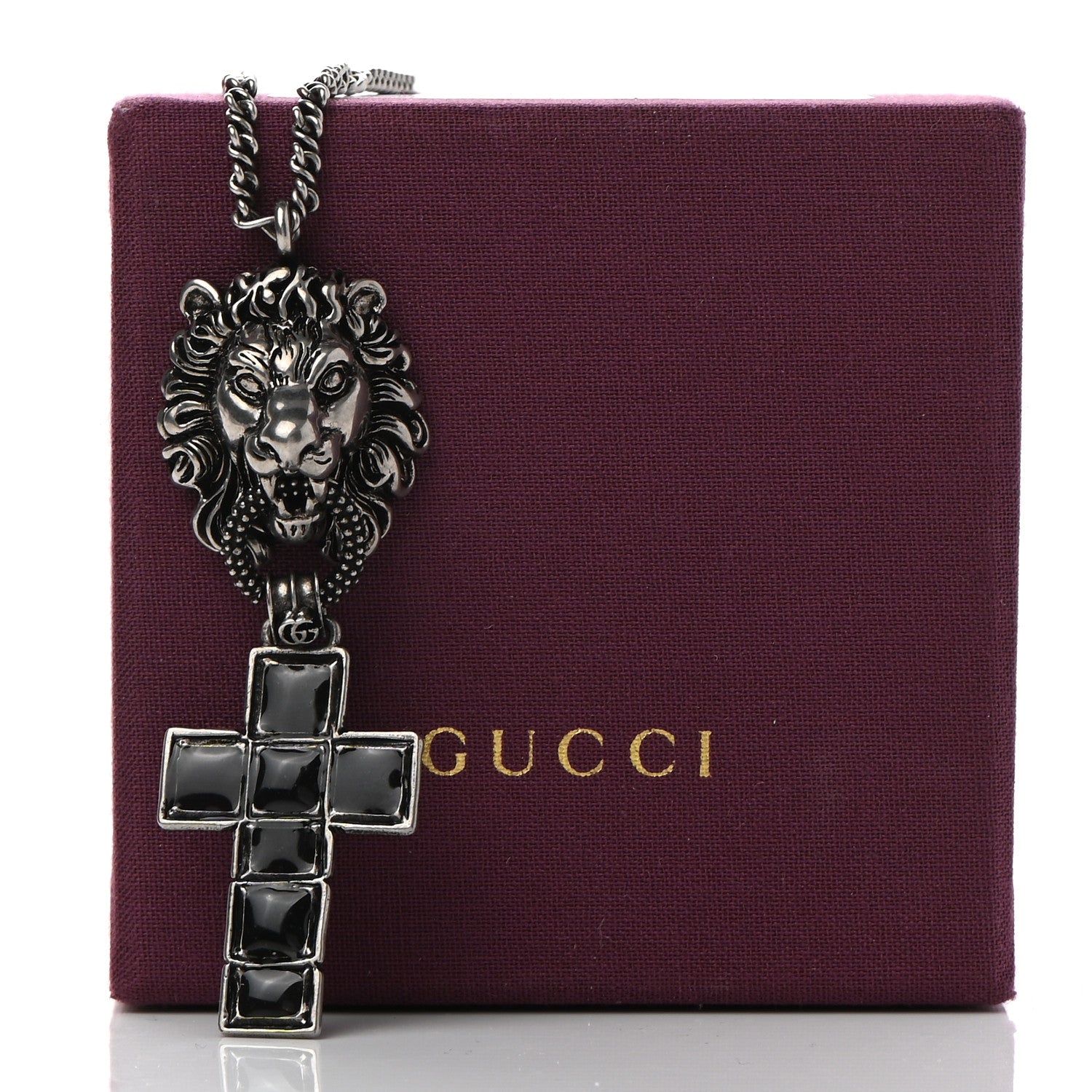 Gucci Enamel Brass Lion Head Crucifix Necklace Black 8 of 8