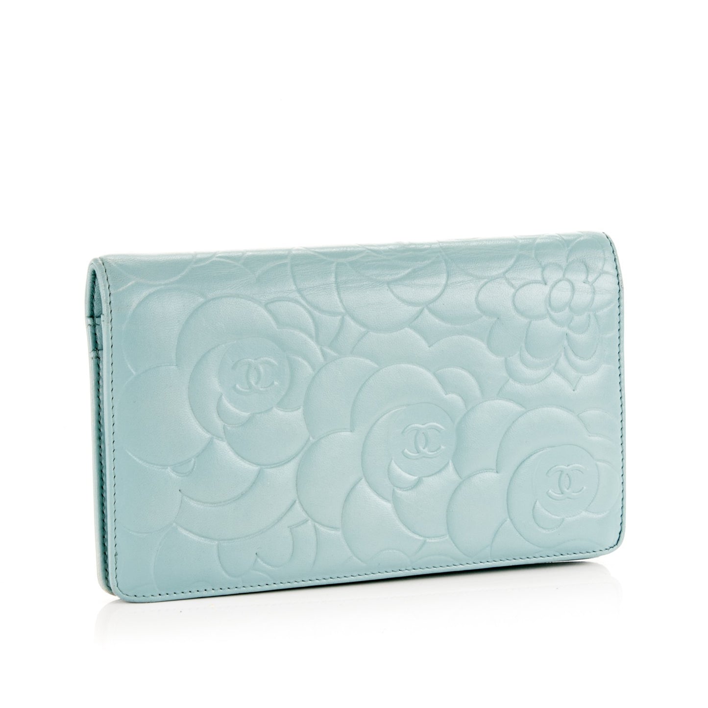 Lambskin Camellia Embossed Yen Wallet Light Blue