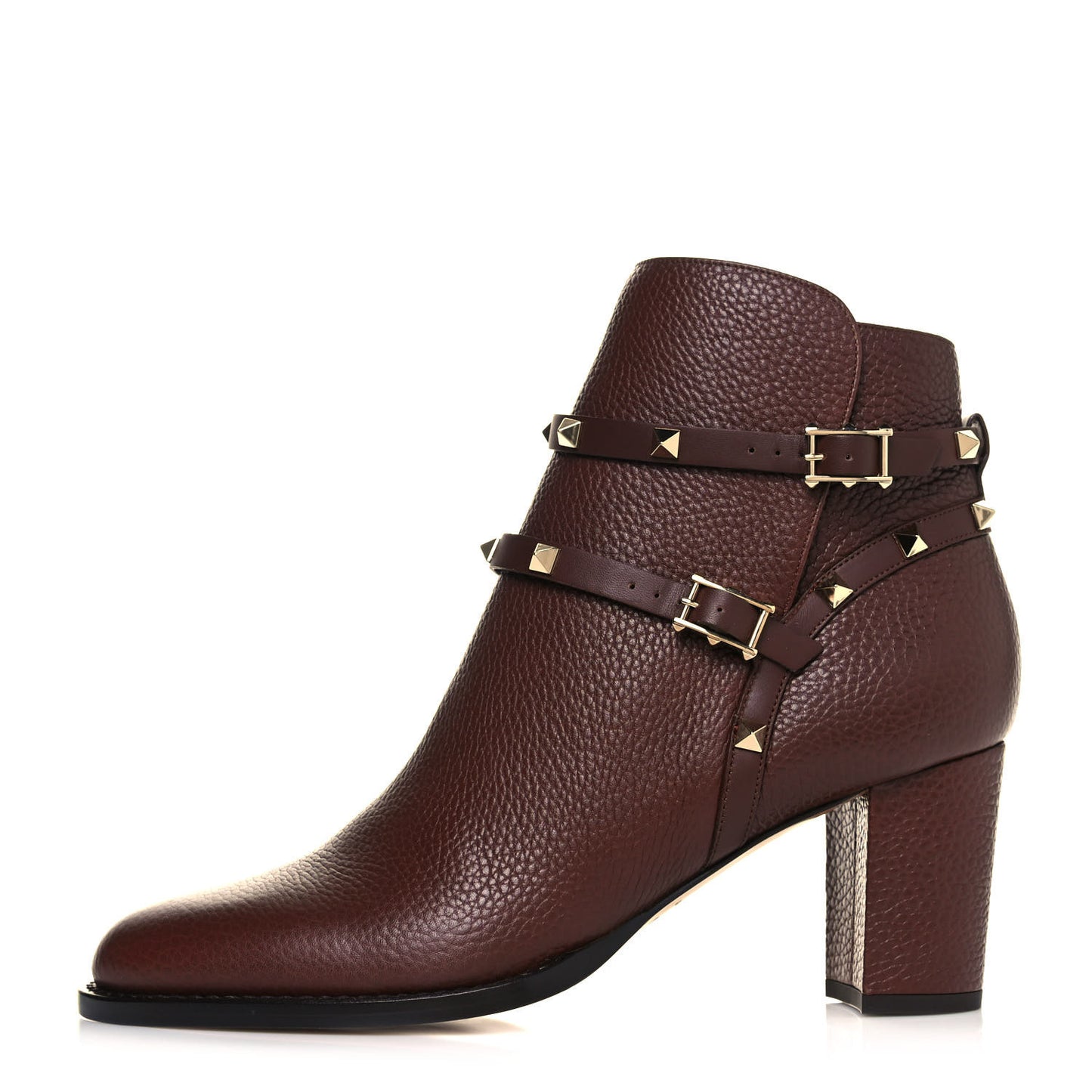 Pebbled Calfskin Rockstud Double Buckle 70mm Block Heel Ankle Boots 41 Rubin