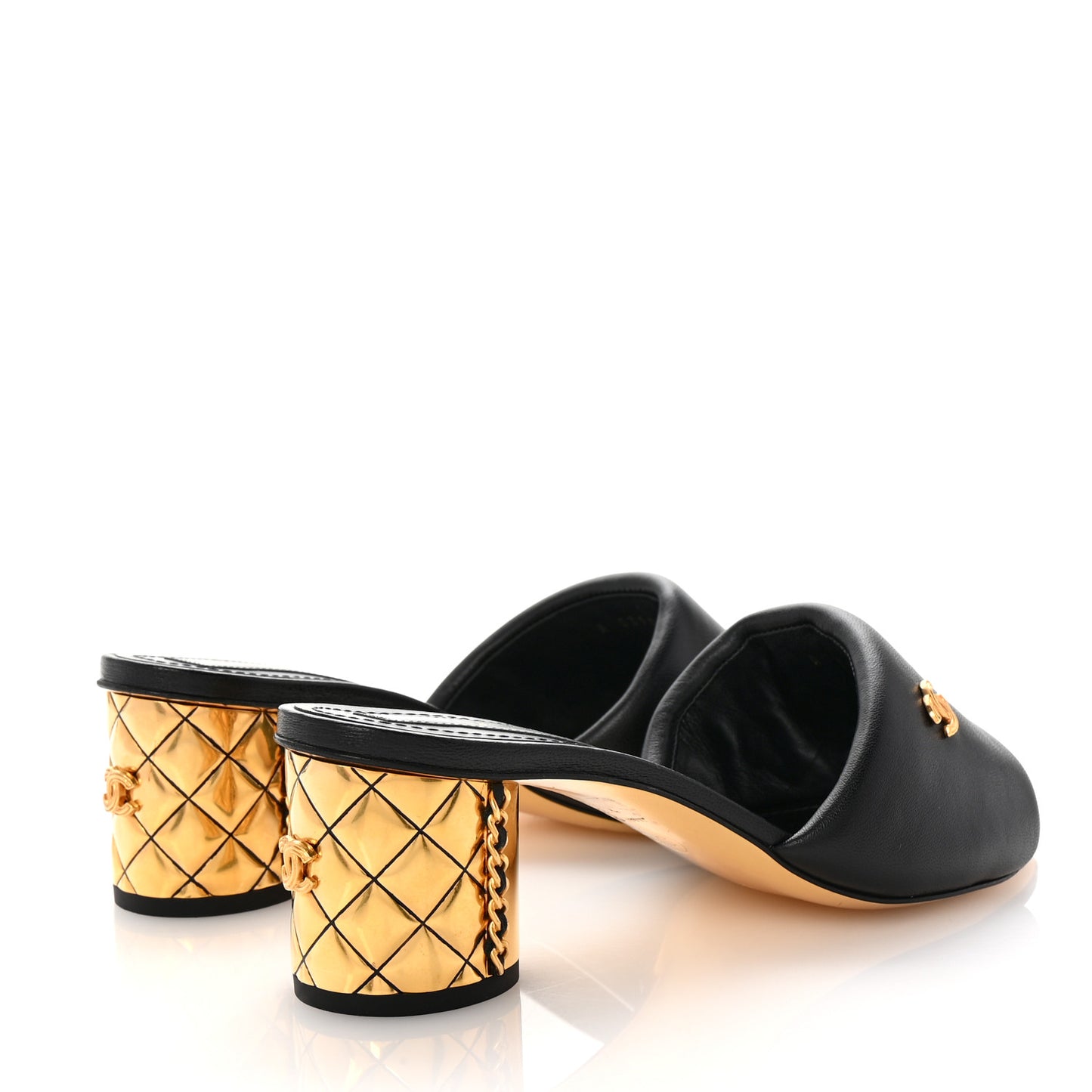 Lambskin Chain CC Mules 37.5 Black Gold
