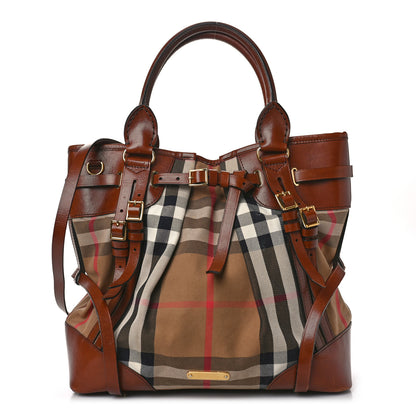 Burberry Bridle Calfskin House Check Medium Whipstitch Tote Dark Tan 1 of 16