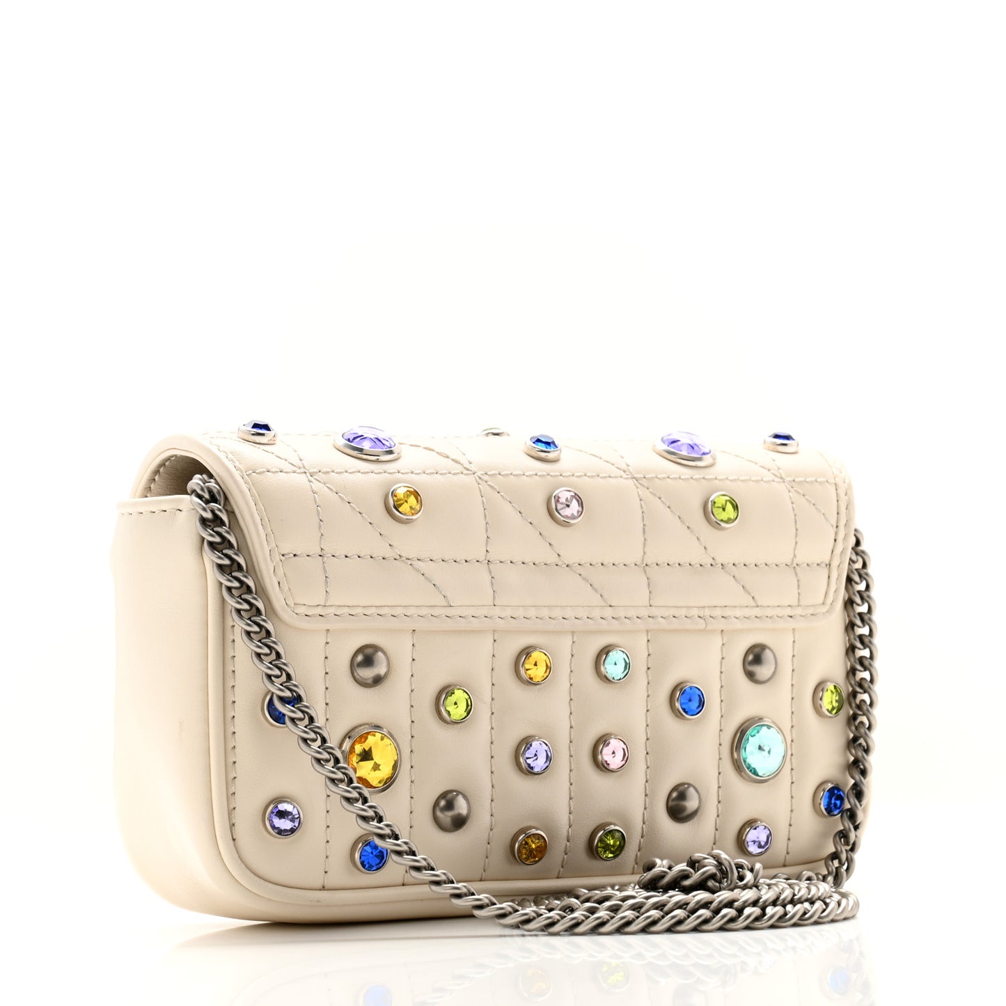 Calfskin Crystal Matelasse Aria Super Mini GG Marmont Shoulder Bag Mystic White Multicolor