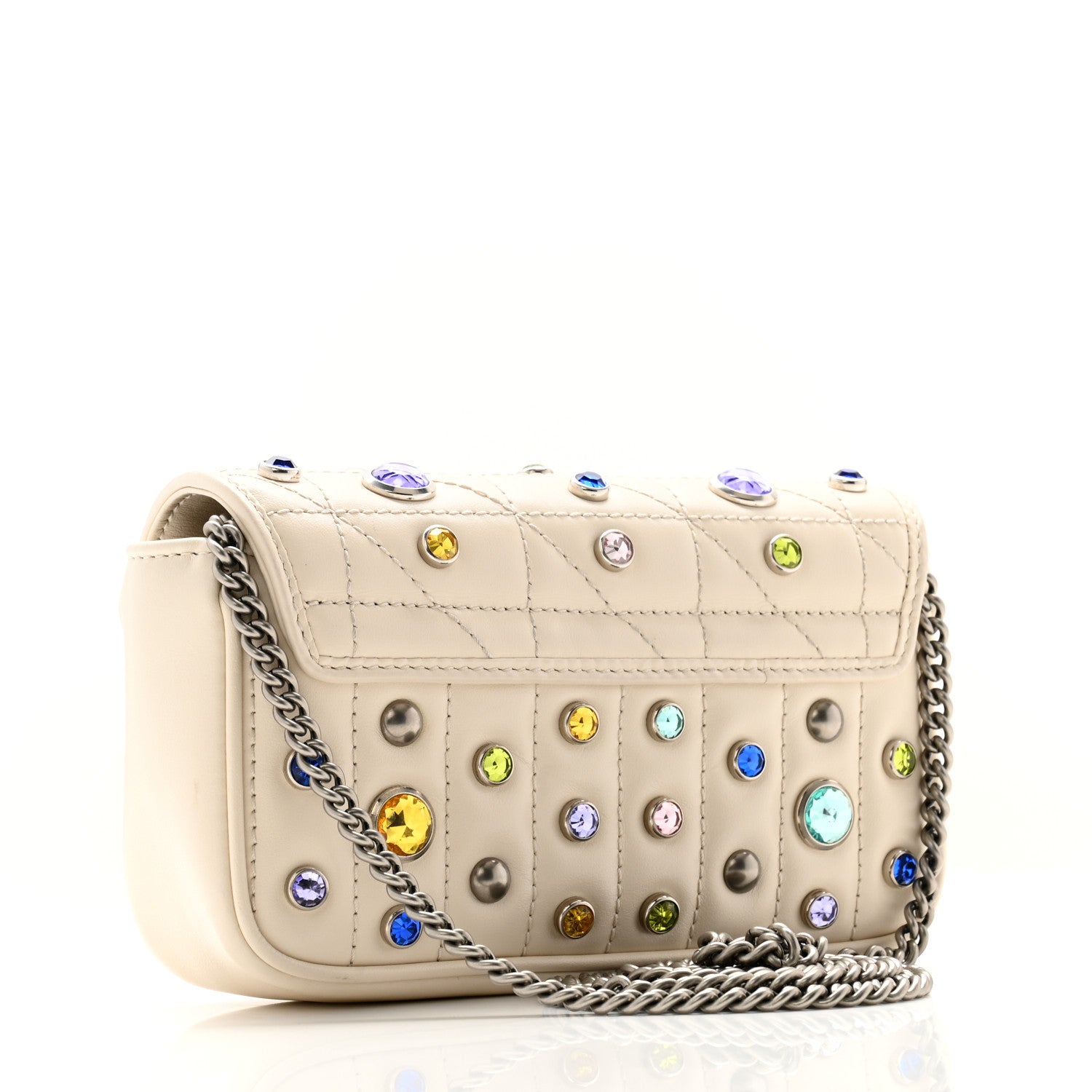 Gucci Calfskin Crystal Matelasse Aria Super Mini GG Marmont Shoulder Bag Mystic White Multicolor 3 of 11