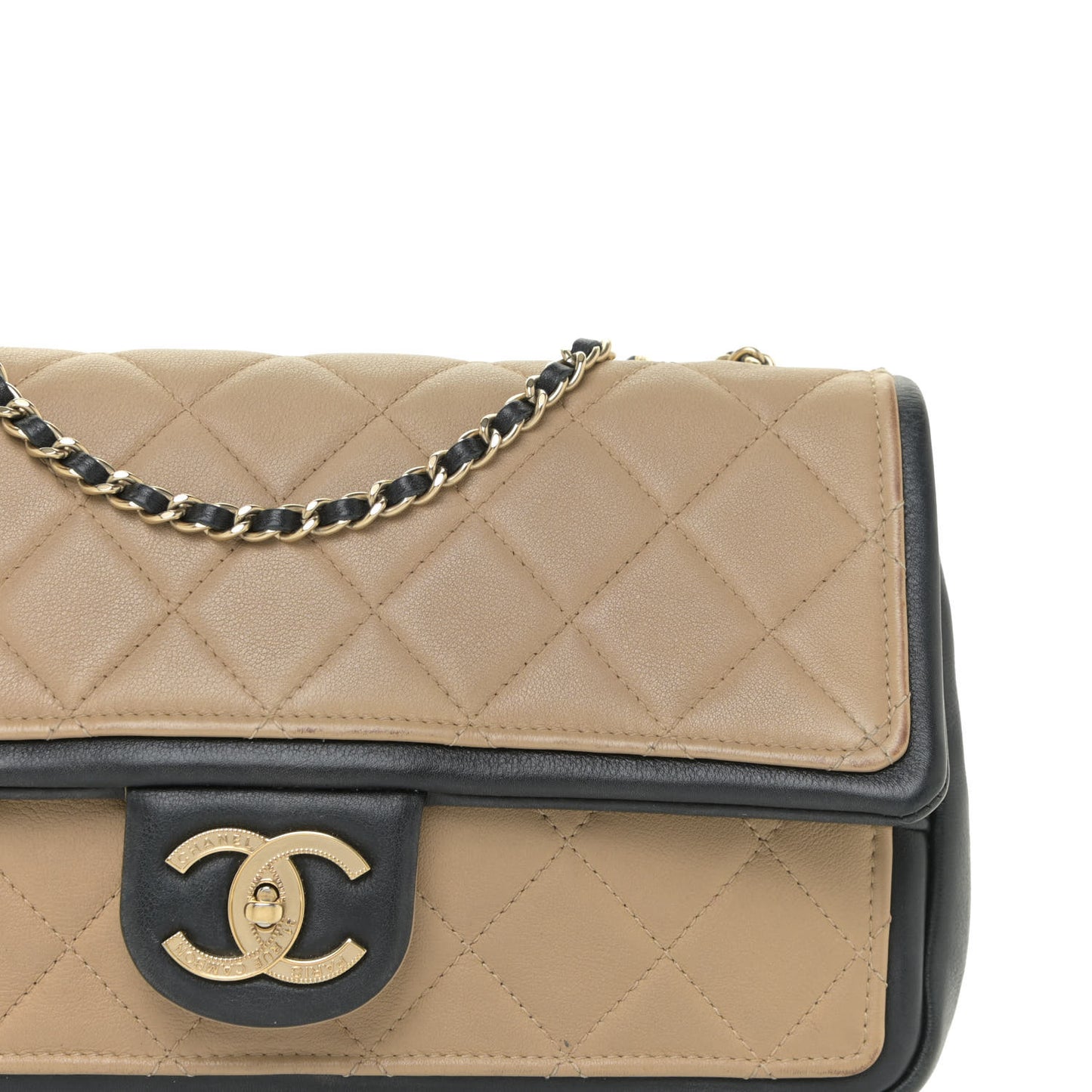 Calfskin Quilted Medium Graphic Flap Beige Black