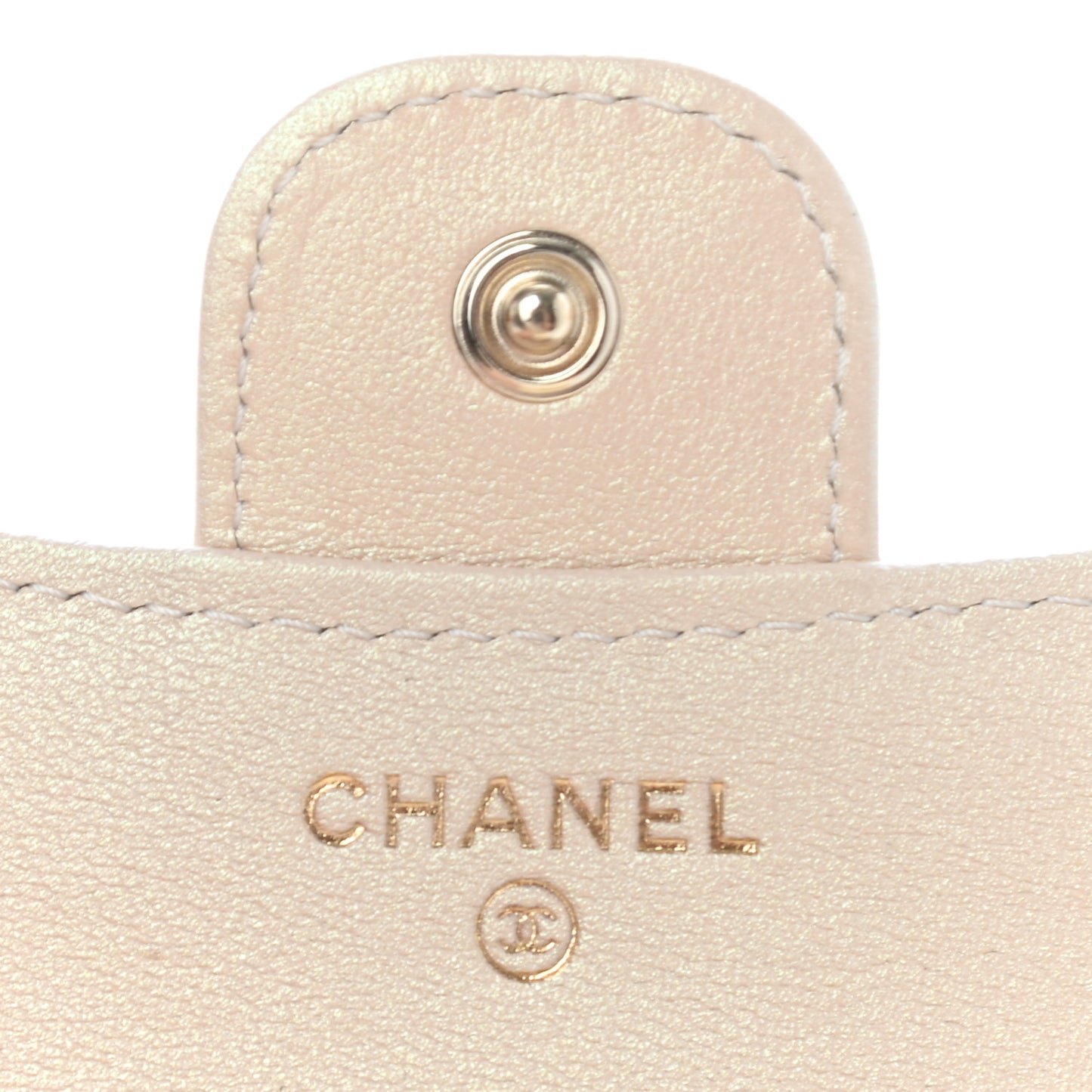 Iridescent Calfskin Quilted Compact Flap Wallet Beige
