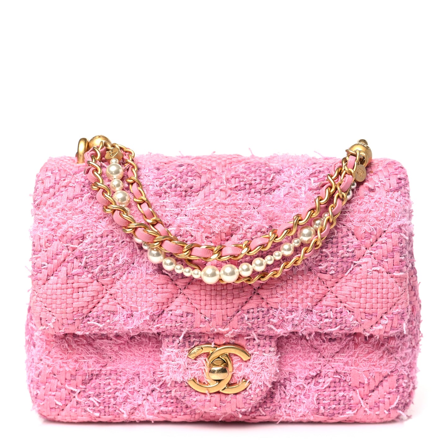 Tweed Quilted Pearl Twist Mini Square Flap Pink Dark Pink