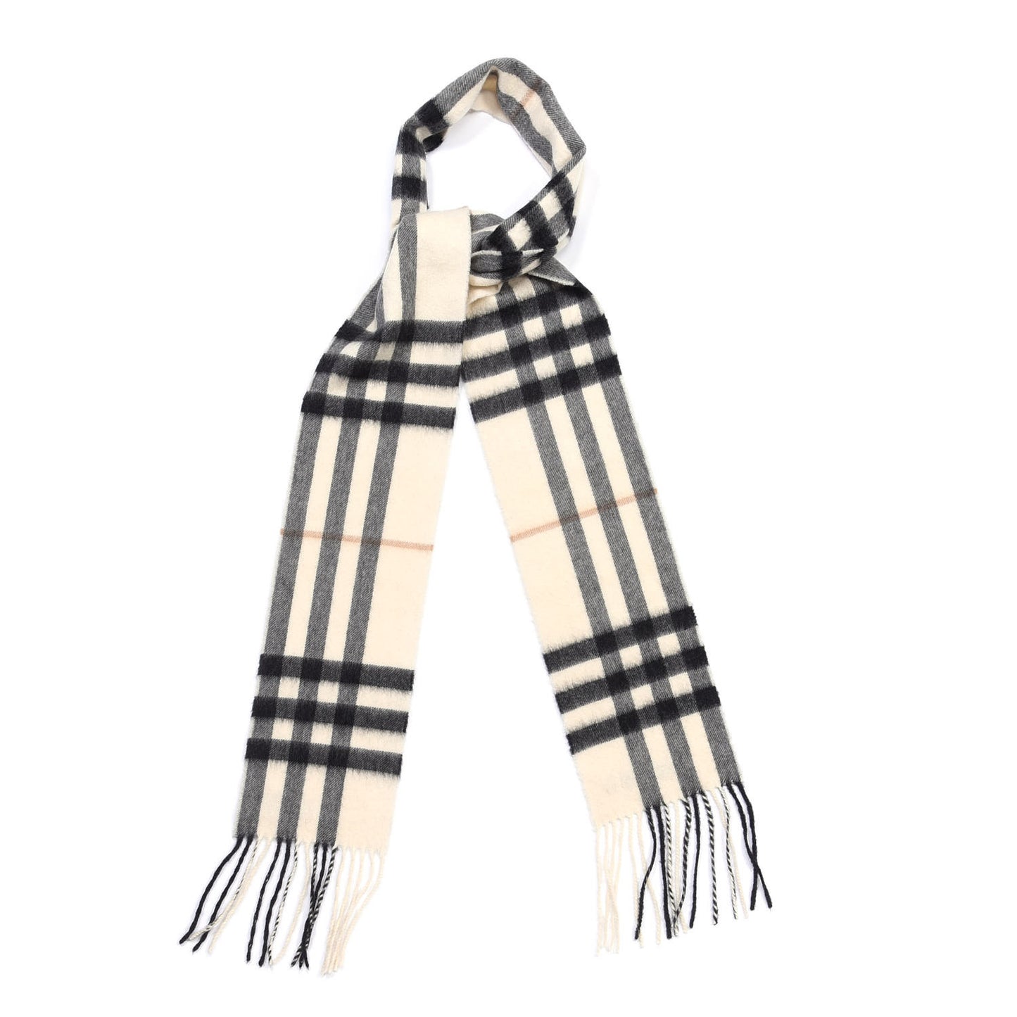 Cashmere Giant Check Fringe Scarf Ivory
