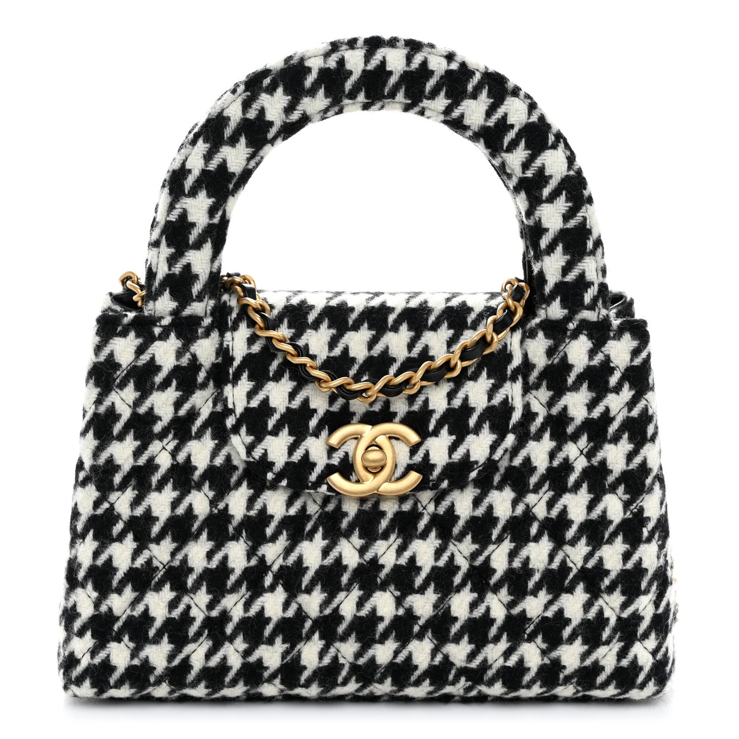 Tweed Houndstooth Quilted Nano Kelly Shopper Black White