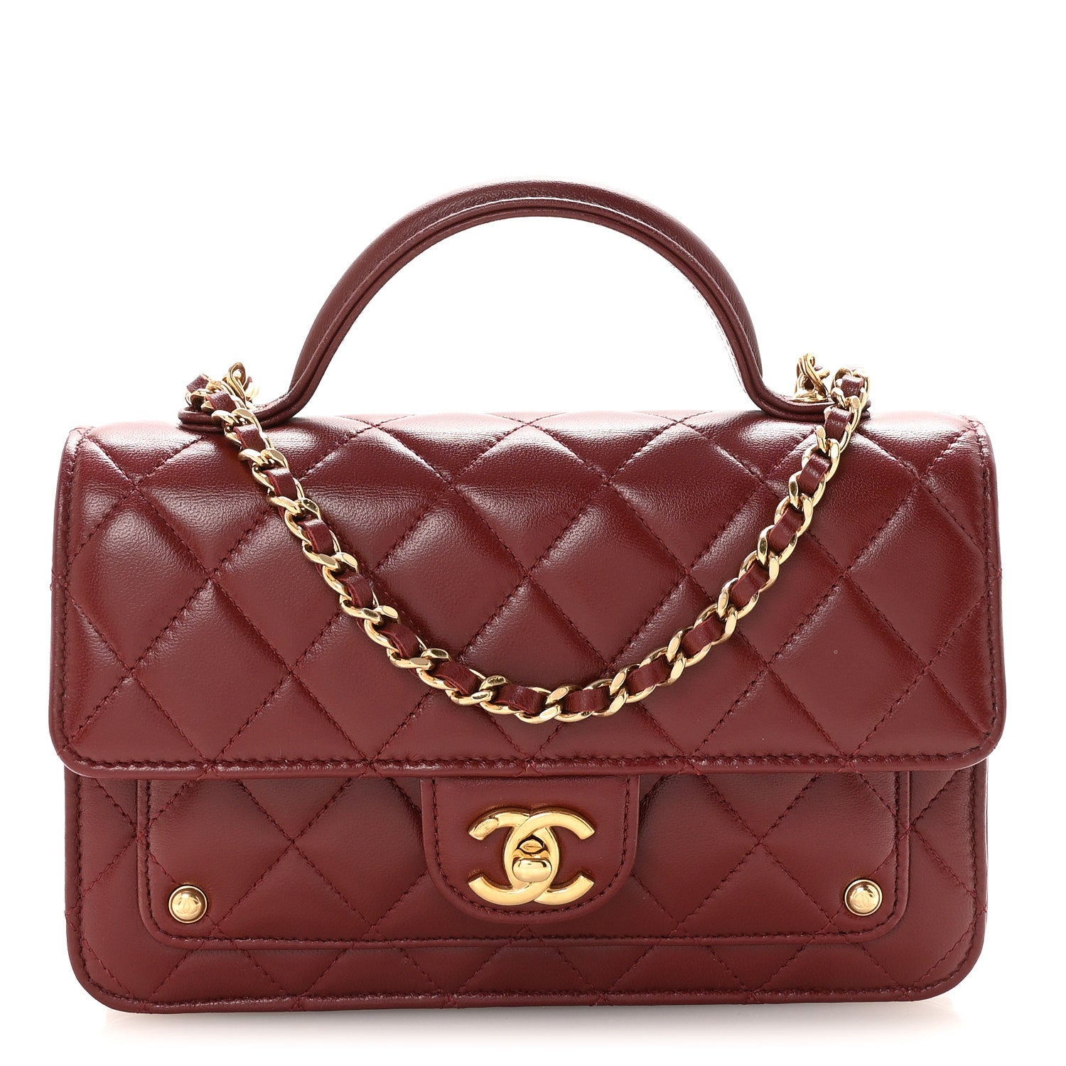 Chanel Lambskin Quilted Top Handle Clutch With Chain Burgundy 1 of 11